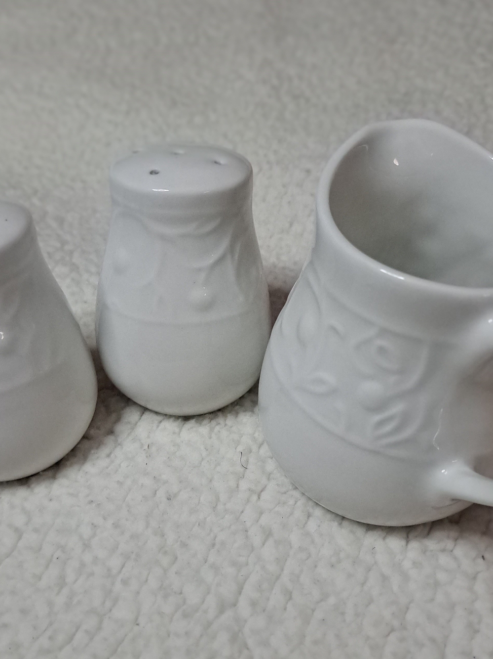 White Ceramic Salt and Pepper Shaker and Creamer Set - Elegant Floral Design